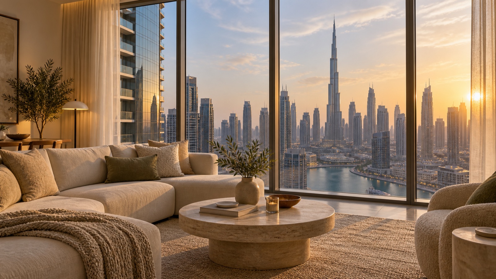 Living room of a managed Business Bay apartment overlooking the Dubai Canal and Burj Khalifa