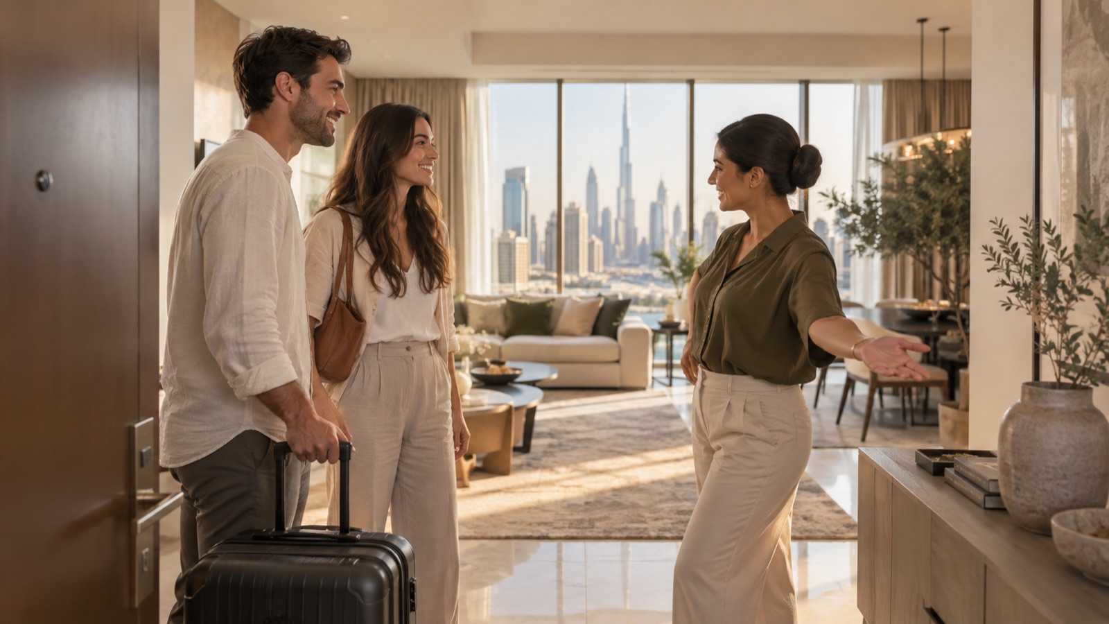 Smartbnb host welcoming guests to a Business Bay apartment with the Dubai skyline behind